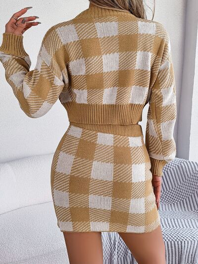 Plaid Round Neck Top and Skirt Sweater Set