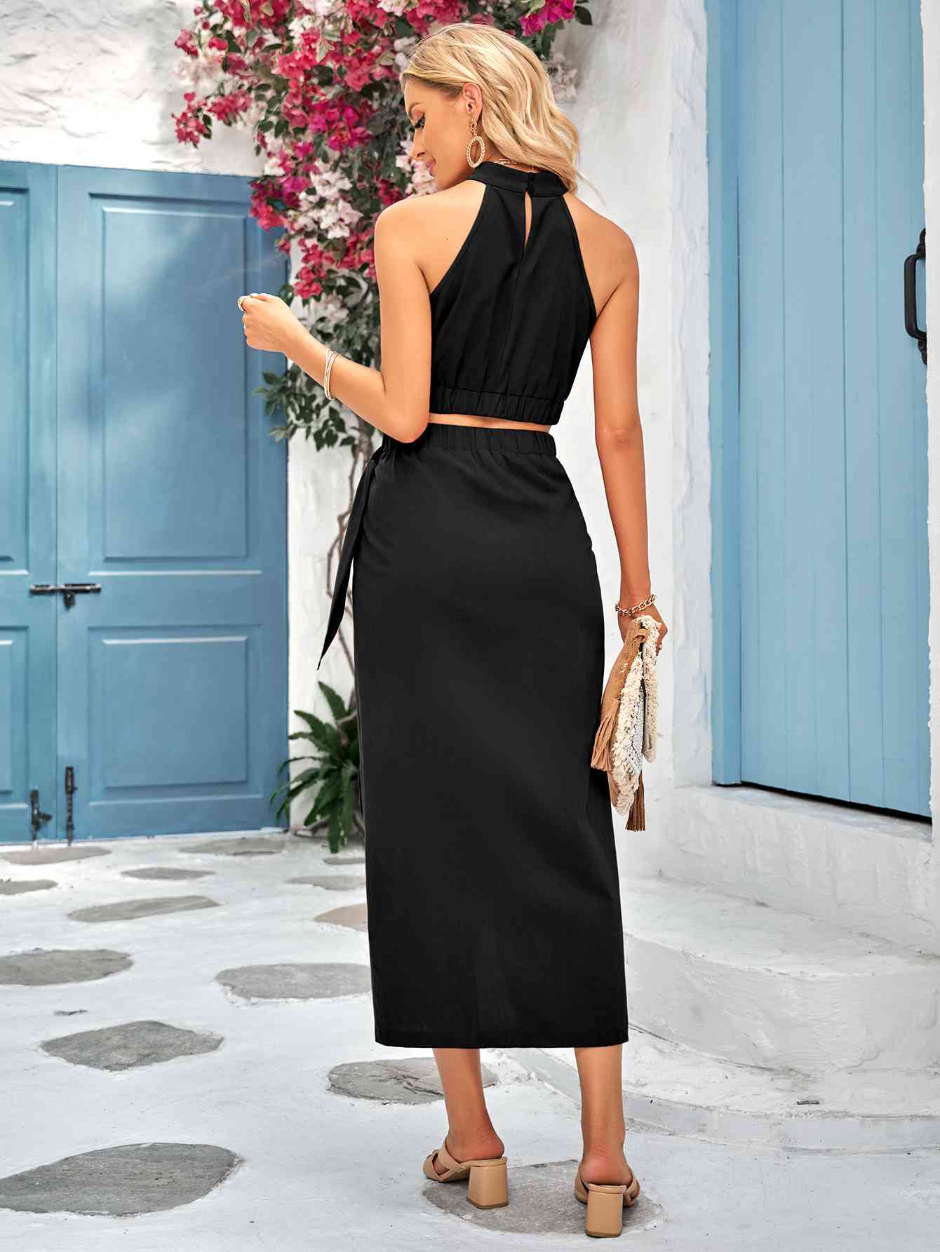 Sleeveless Crop Top and Tied Wrap Skirt Set