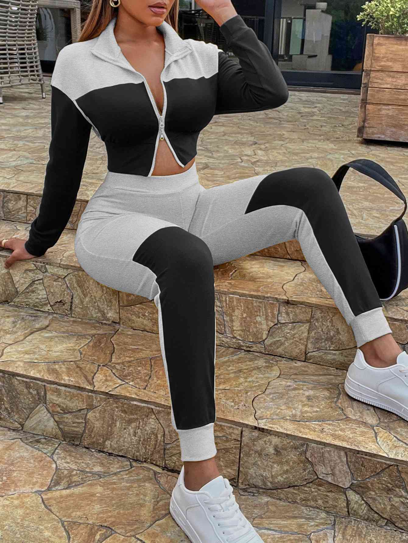 Two-Tone Collared Neck Top and Joggers Set